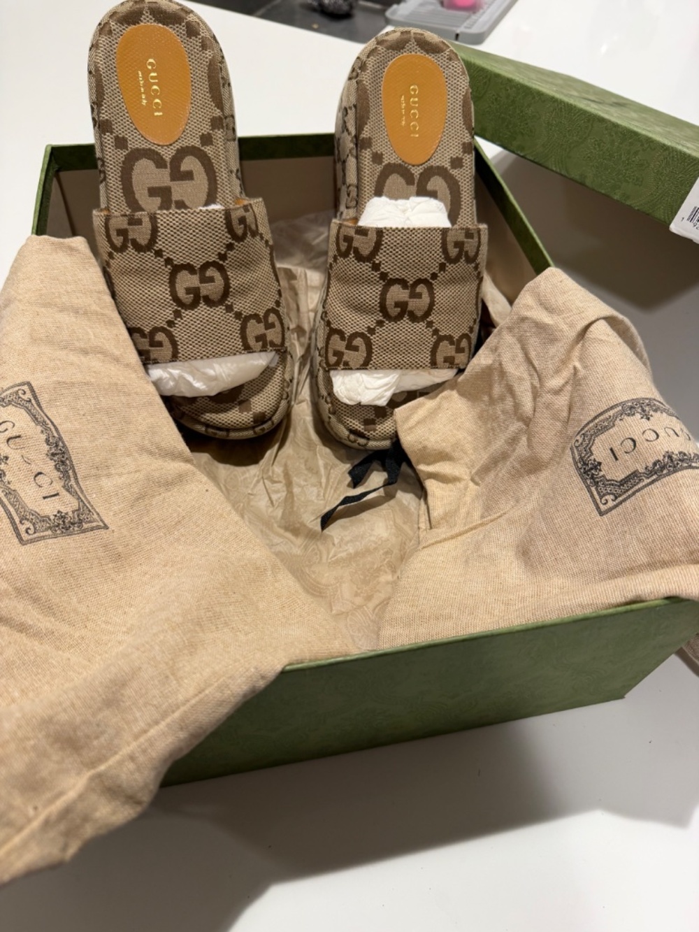 Gucci Beige and Brown GG Canvas Platform Slides - Picture 3 of 4